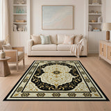 ODIKA Washable Black & Gold Ornate Traditional Area Rug, Low Pile Non-Slip