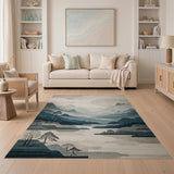 Teal Misty Mountain Landscape Area Rug