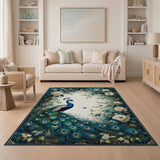 ODIKA Vintage Peacock Floral Washable Area Rug - Low Pile & Non-Slip Living Room Carpet