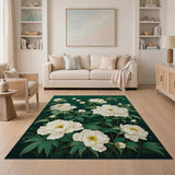 Elegant White Peony Blooms Green Area Rug