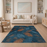 Teal Blue and Burnt Orange Palm Leaf Area Rug