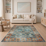 Distressed Vintage Blue Teal Medallion Rug
