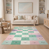 Pastel Smiley Face Checkered Kids Area Rug