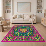 ODIKA Washable Bohemian Mandala Floral Area Rug - Pink & Teal Low Pile Non-Slip Rug