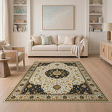 Opulent Ivory Persian Medallion Area Rug with Navy Gold