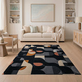 Geometric Modern Black Rug with Grey Orange Shapes
