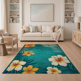Distressed Teal Hibiscus and Palm Rug
