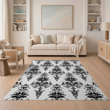 Black and White Ornate Black Damask Floral Area Rug