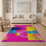 Vibrant Pink Yellow Blue Geometric Area Rug