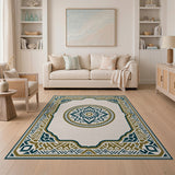 Ornate Teal Gold Mandala Persian Area Rug
