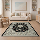 Elegant Black Ivory Persian Floral Area Rug