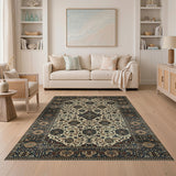 Navy Blue Traditional Persian Area Rug Ivory Field