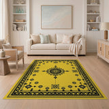 Ornate Yellow Persian Area Rug with Black Floral Mandala
