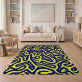 Vibrant Yellow Navy Abstract Wave Rug