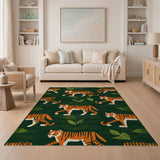 Playful Orange Tigers Leaves Green Area Rug