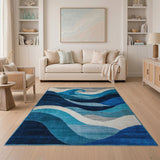 Blue and Teal Blue Geometric Wave Area Rug