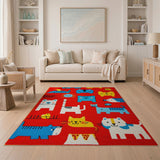 Playful Cartoon Animals Red Kids Area Rug
