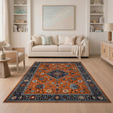 Vibrant Orange Persian Area Rug with Navy Accents