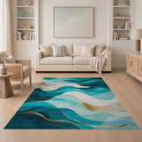 Washable Modern Abstract Teal & Gold Wave Area Rug - Low Pile, Non-Slip