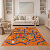 Orange Kids Cartoon Road Map Area Rug