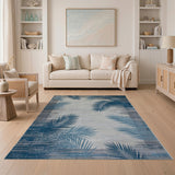 Coastal Blue Palm Leaf Grey Area Rug