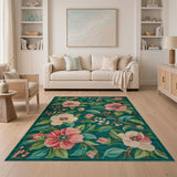 Teal Pink Camellia Floral Area Rug