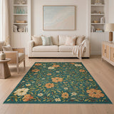 Teal Floral Vintage Area Rug with Orange Blooms