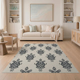 Grey Damask Floral Area Rug on Cream