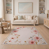 Pink Peony Floral Vintage Area Rug with Gold Frame