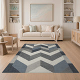 Washable Modern Geometric Chevron Area Rug - Blue and Grey Low Pile