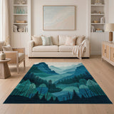 Teal Layered Mountain Peaks and Pine Forest Rug
