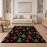 Festive Red Green Pine Tree Holly Berry Pattern Rug