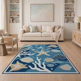 ODIKA Coastal Nautical Shells & Starfish Washable Low Pile Area Rug