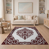 Ornate Red Damask Floral Border Area Rug