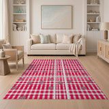 Red Gingham Checkered Area Rug with Floral Motifs