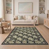 Black Persian Floral Area Rug with Cream Blooms