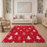 Festive White Christmas Trees Snowflakes Red Area Rug