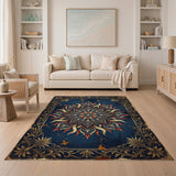 Vintage Navy Mandala Area Rug with Gold Flame Design
