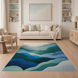 ODIKA Modern Abstract Mountain Blue & Green Washable Area Rug - Low Pile & Non-Slip