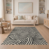 Wavy Black Lines Beige Abstract Area Rug