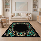 Ornate Teal Purple Floral Oval Border Rug