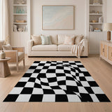 ODIKA Modern Wavy Checkerboard Washable Rug - Black & White Non-Slip Low Pile Area Rug