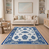 ODIKA Chinoiserie Blue and White Ginger Jar Washable Area Rug - Low Pile & Non-Slip