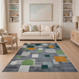 Abstract Geometric Modern Area Rug in Grey with Green Orange
