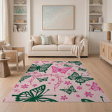 Playful Pink Butterfly Flower Area Rug