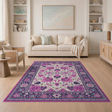 Pink Floral Persian Area Rug with Navy Border