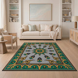 Ornate Green Gold Sunburst Persian Medallion Rug