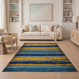 Distressed Vintage Blue Yellow Striped Area Rug