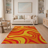 Vibrant Wavy Abstract Area Rug in Fiery Oranges