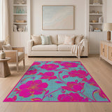 Vibrant Pink Peony Floral Teal Area Rug